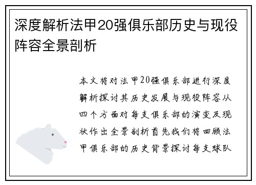 深度解析法甲20强俱乐部历史与现役阵容全景剖析