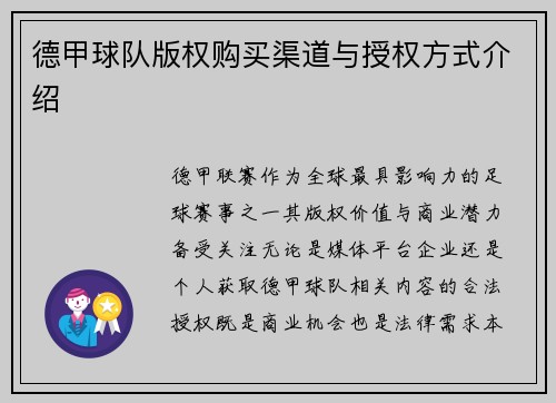 德甲球队版权购买渠道与授权方式介绍